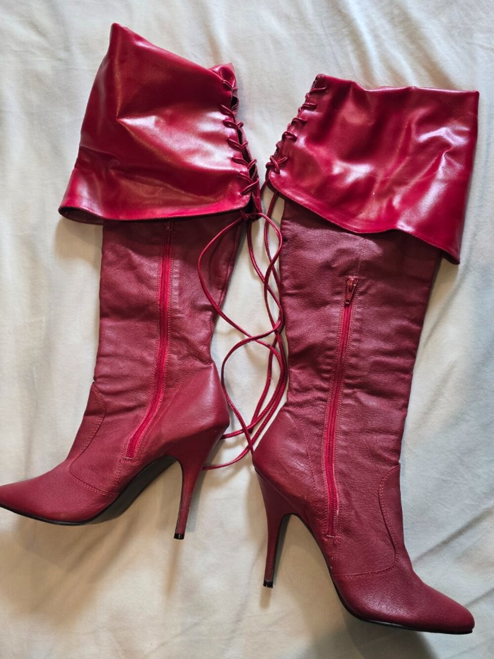 Tall thigh high Red Leather lace up stiletto boots women's size 8